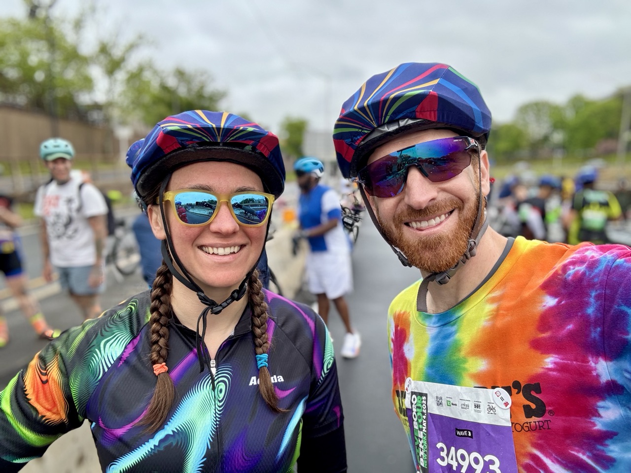 James and his partner in colorful cycling kit at the Five Boro Bike Tour